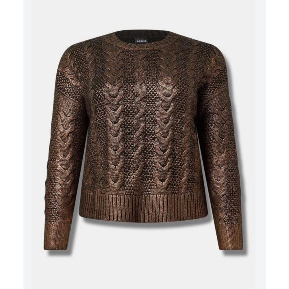 Torrid Women's Cable Knit Metallic Cropped Foil Pullover Sweater Brown Size 2